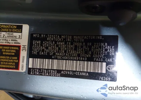 2009 Toyota Camry Le z USA, uszkodzony, nr VIN 4T1BE46K59U891849